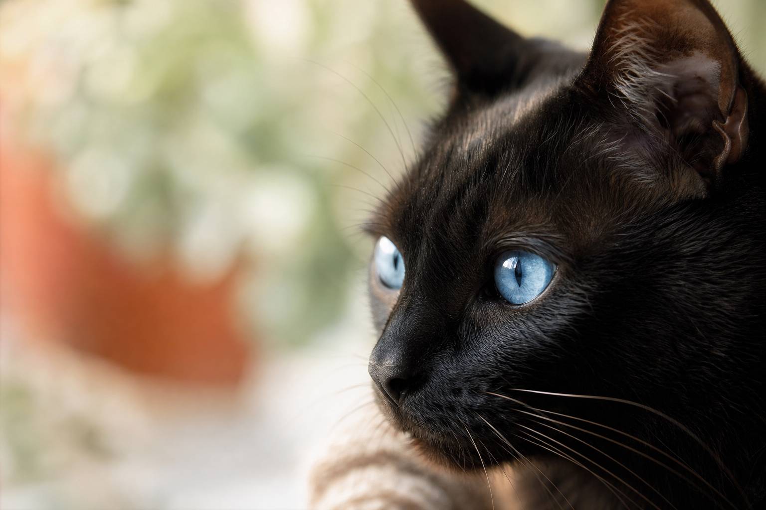 Gros plan du visage d'un chat noir aux yeux bleu vif dans une lumière naturelle douce