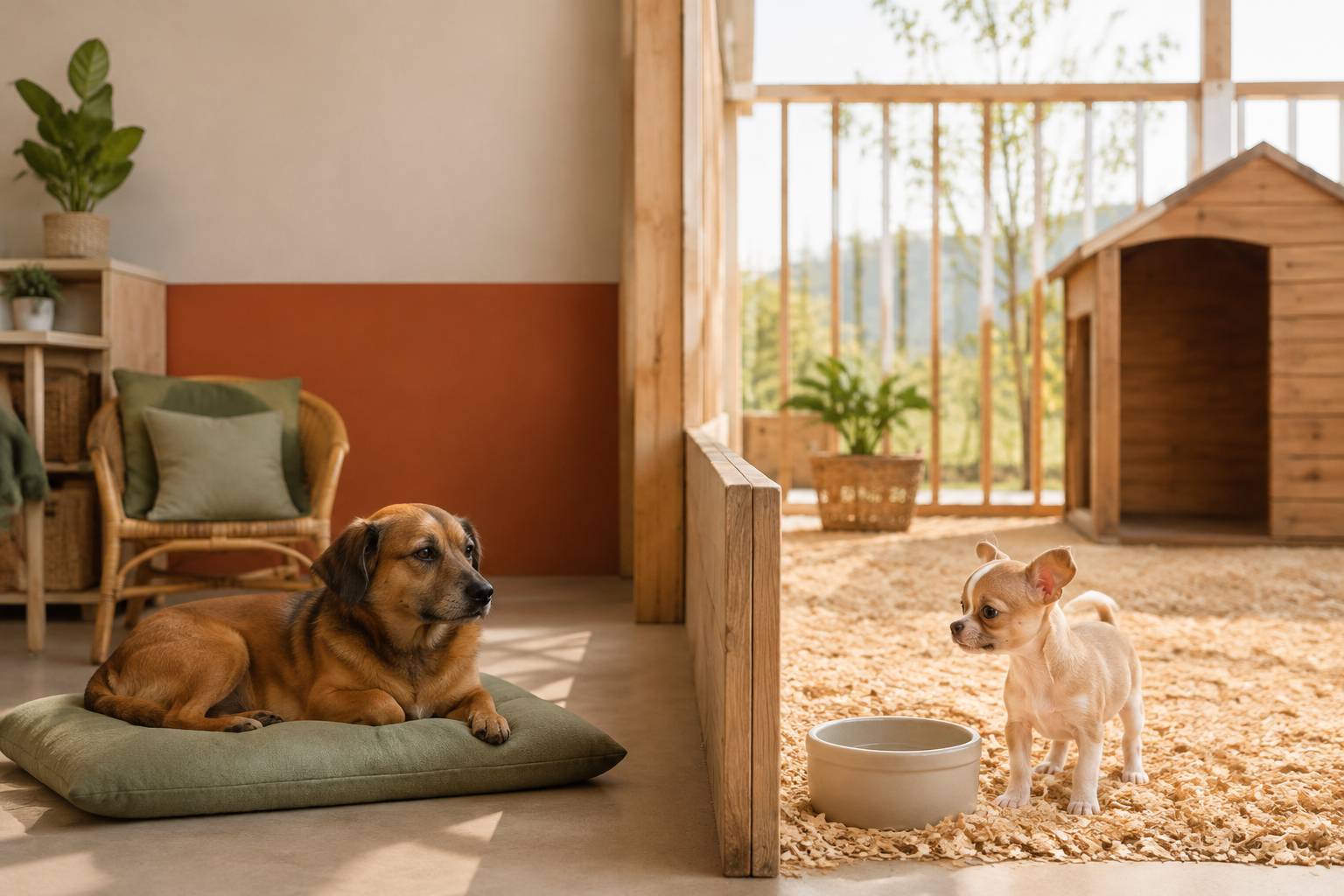 Box d'association et parc d'élevage avec chiens type chihuahua comparés