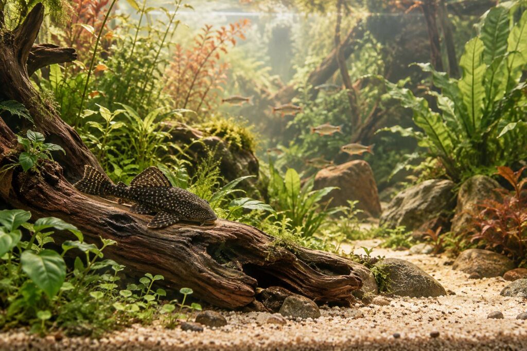 Poisson de fond tachete sur une racine dans un aquarium plante