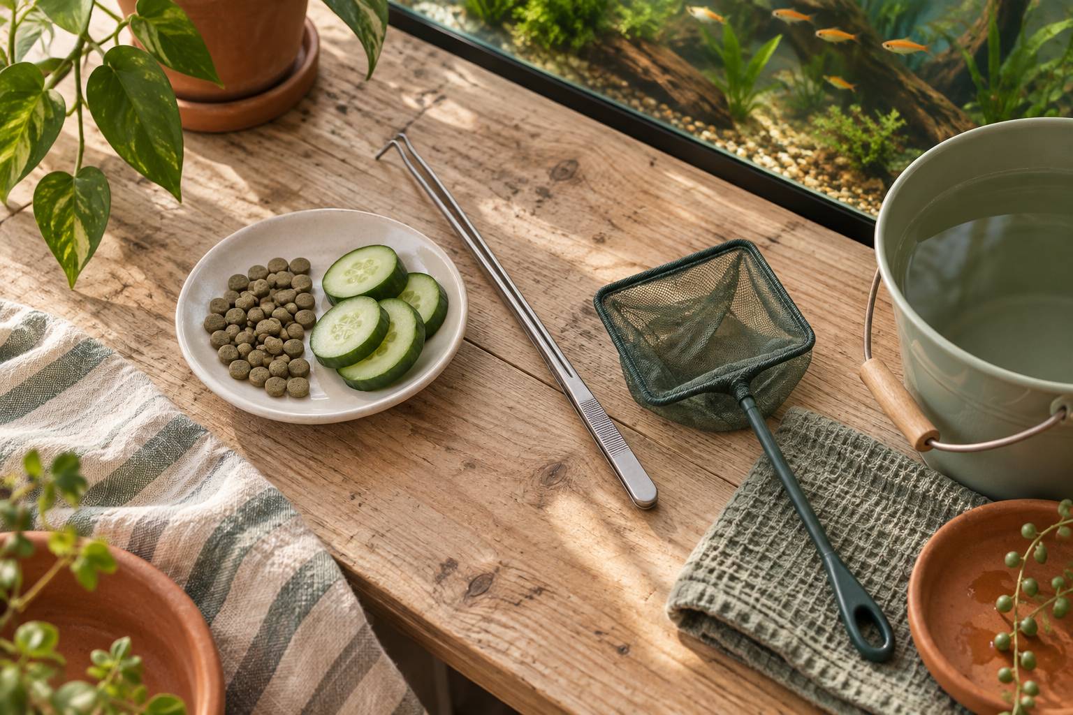 Pastilles vegetales et concombre pour nourrir un poisson d'aquarium