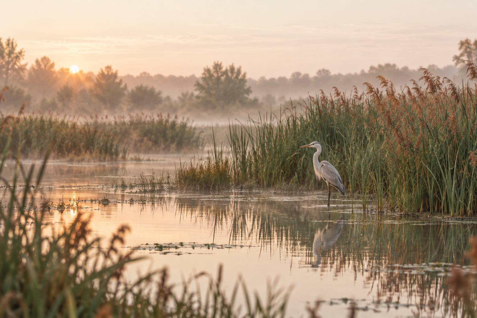 Grand échassier debout dans les roseaux au bord d'un plan d'eau calme