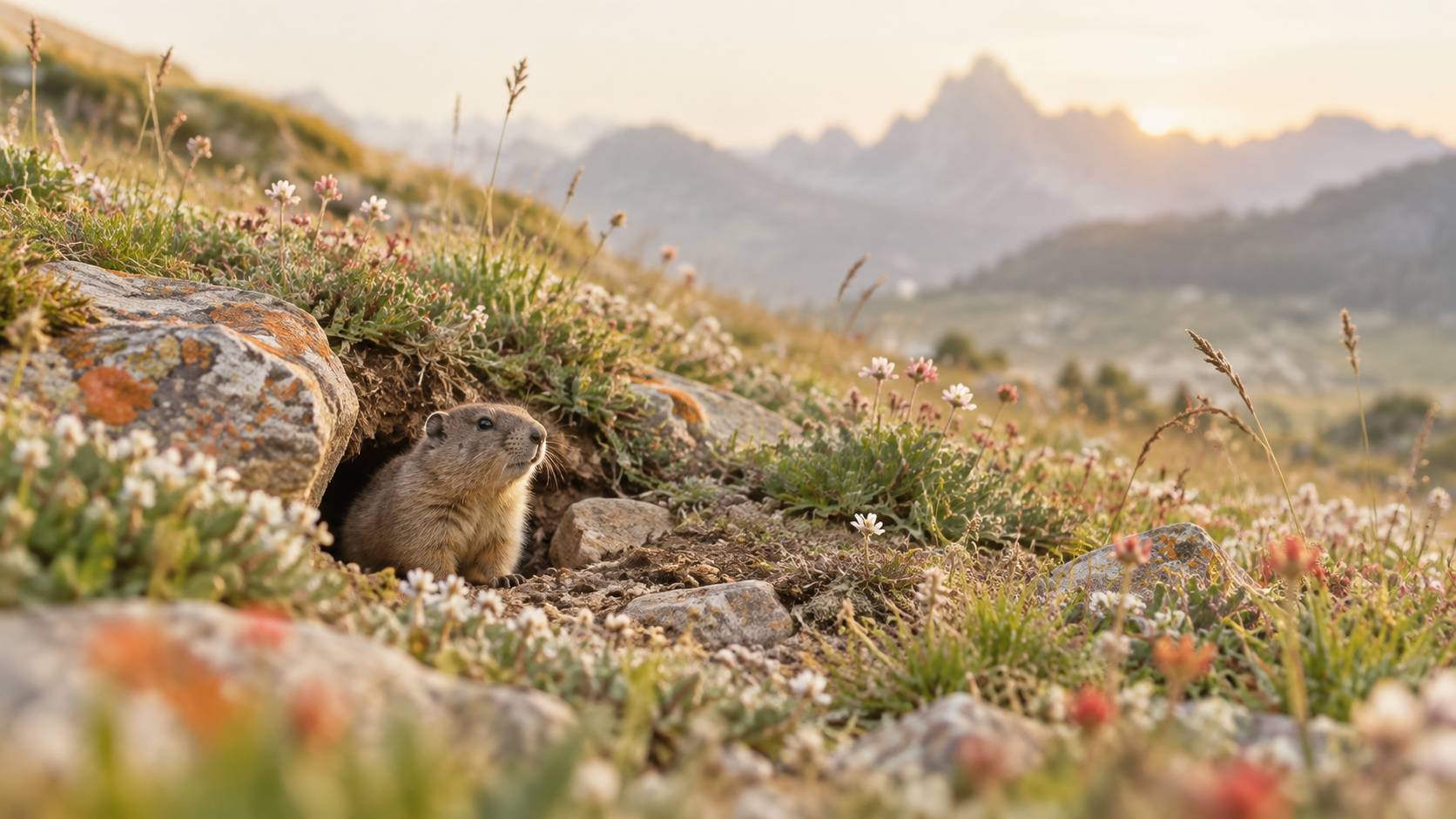 Marmotte dans une prairie de montagne parmi les fleurs sauvages