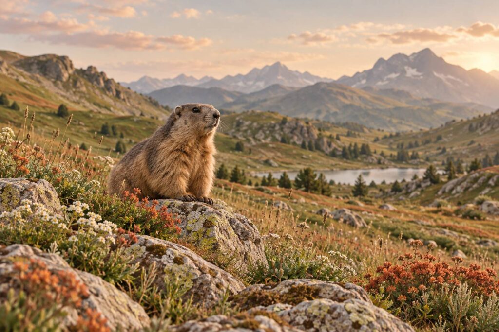 Marmotte dans une prairie de montagne parmi les fleurs sauvages