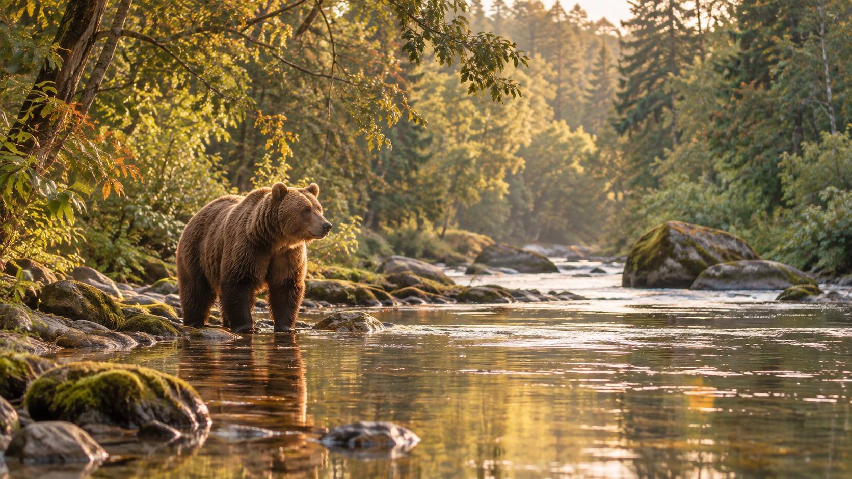 Ours brun marchant dans une forêt tempérée au sous-bois clair et à la lumière filtrante