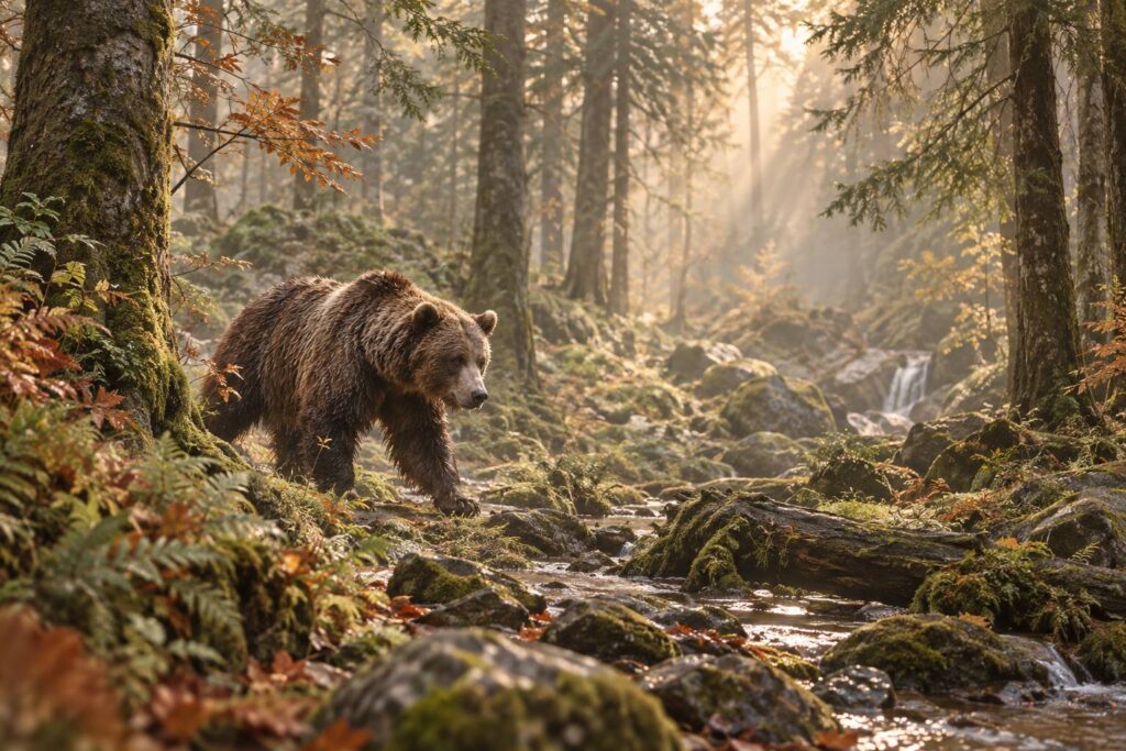 Ours brun marchant dans une forêt tempérée au sous-bois clair et à la lumière filtrante