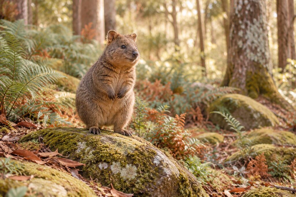 Petit marsupial trapu sur un rocher moussu dans un sous-bois clair