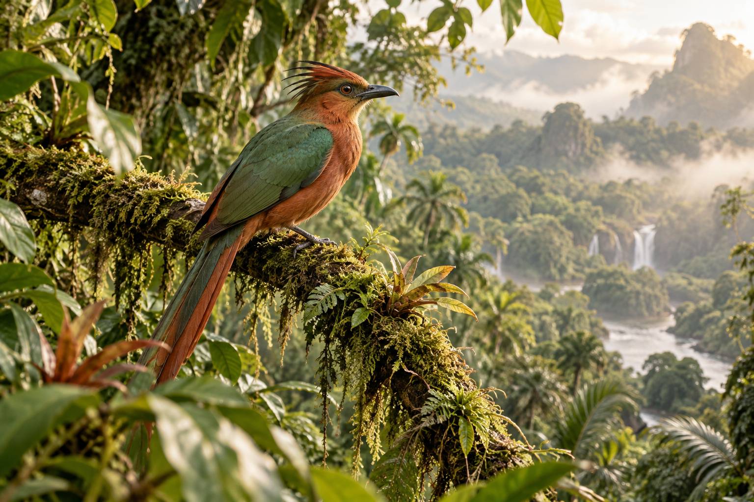 Oiseau tropical vert et rouge perche sur une branche moussue