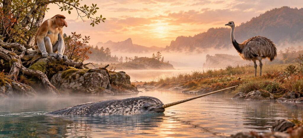 Narval, nasique et nandou dans un decor naturel au sein d'une illustration animaliere