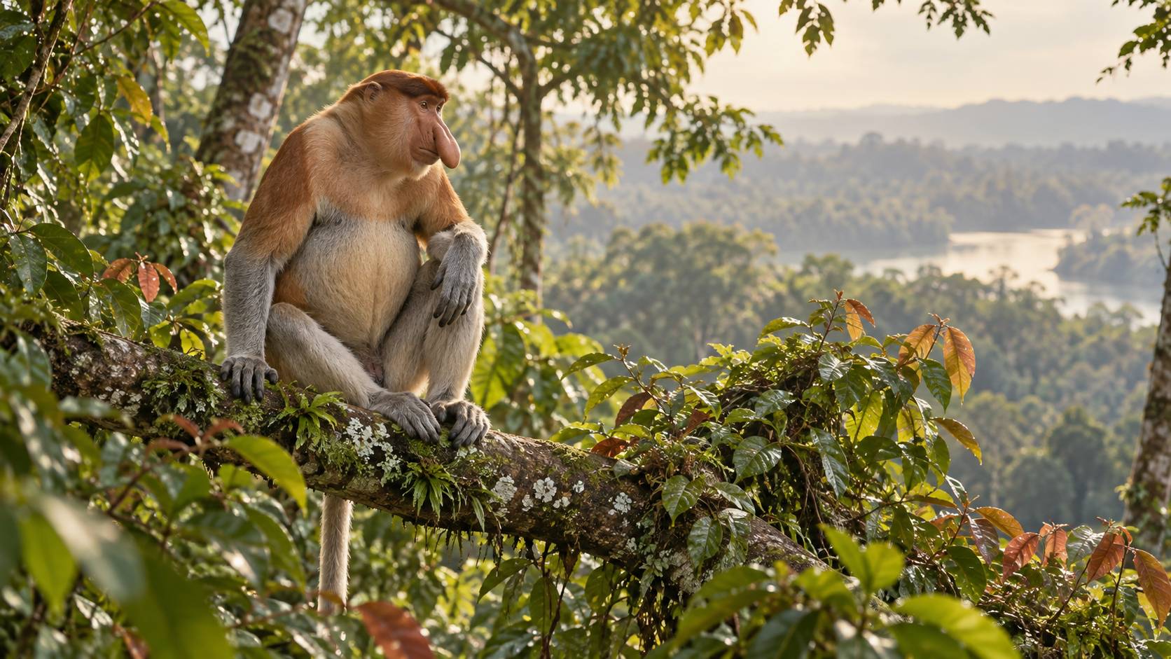 Nasique sur une branche dans une foret tropicale humide