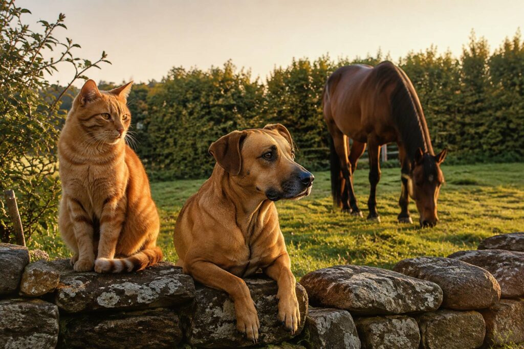 Chat, chien et cheval réunis dans un pré en fin d'après-midi