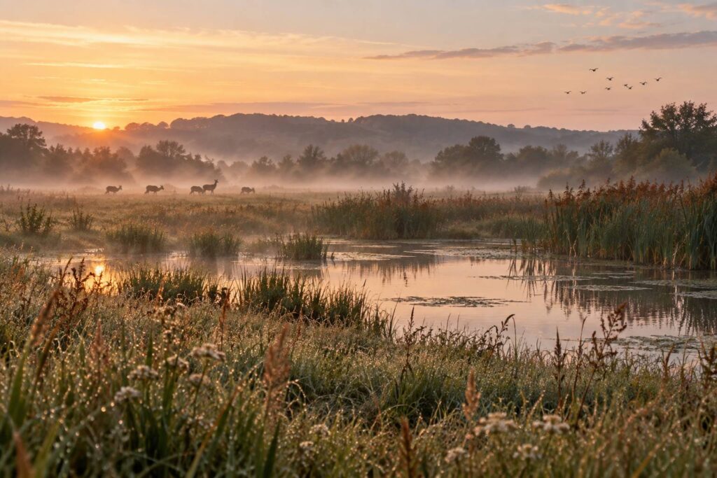 Prairie humide au petit matin avec animaux sauvages près d'un point d'eau