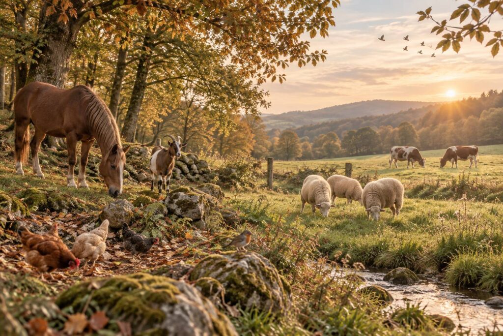 Animaux varies dans un pre et un sous-bois en lumiere naturelle