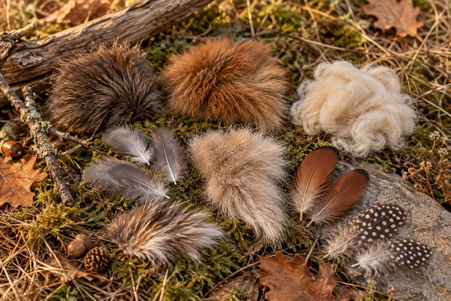 Plumes et pelages d'animaux varies disposes sur un fond naturel