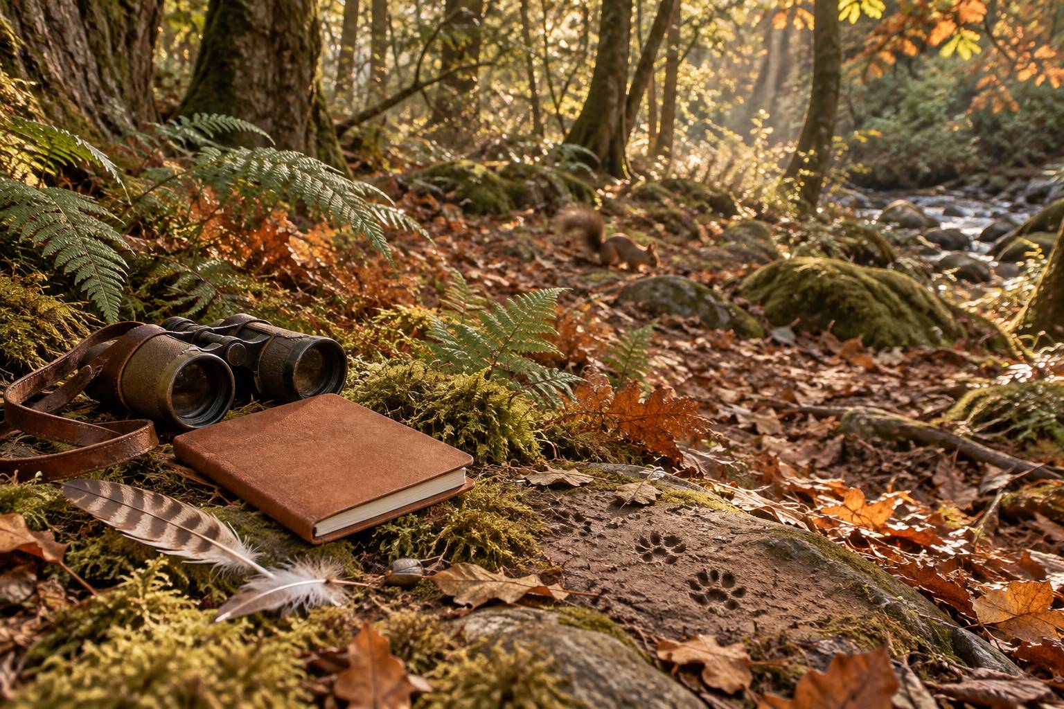 Observation animalière en sous-bois avec jumelles et carnet fermé