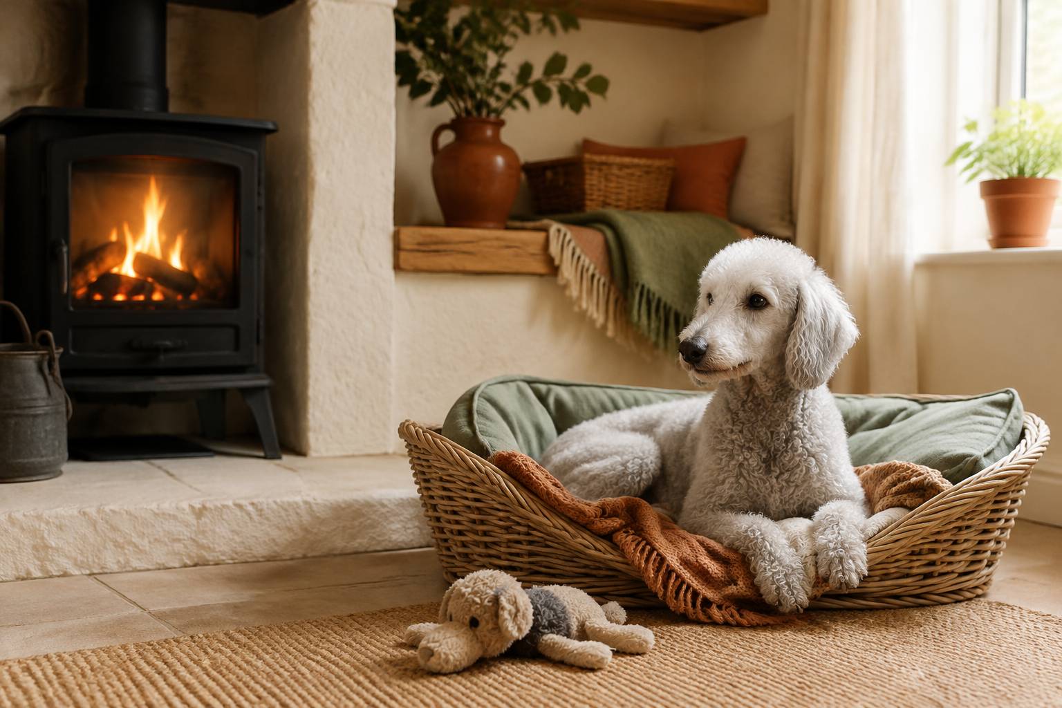 Bedlington terrier dans un panier près d'une cheminée