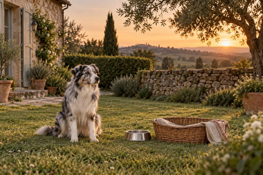 Chien de berger merle et blanc assis dans une cour avec gamelle et panier en osier
