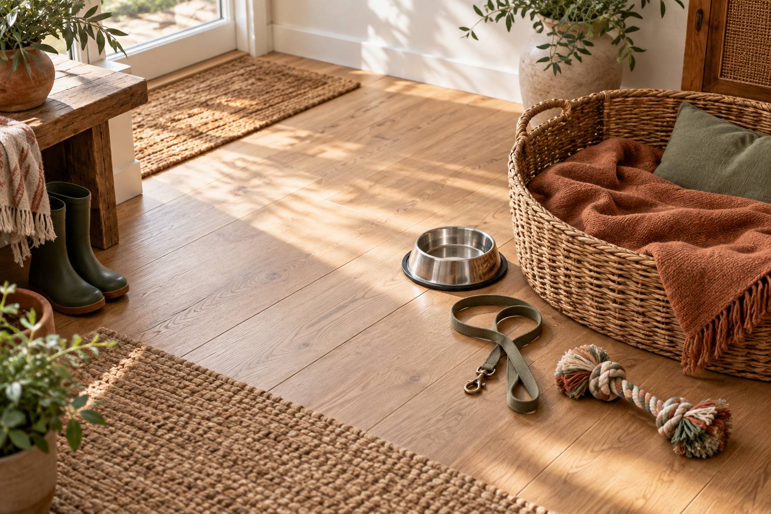 Panier en osier, laisse et jouet en corde sur un parquet clair de maison de campagne