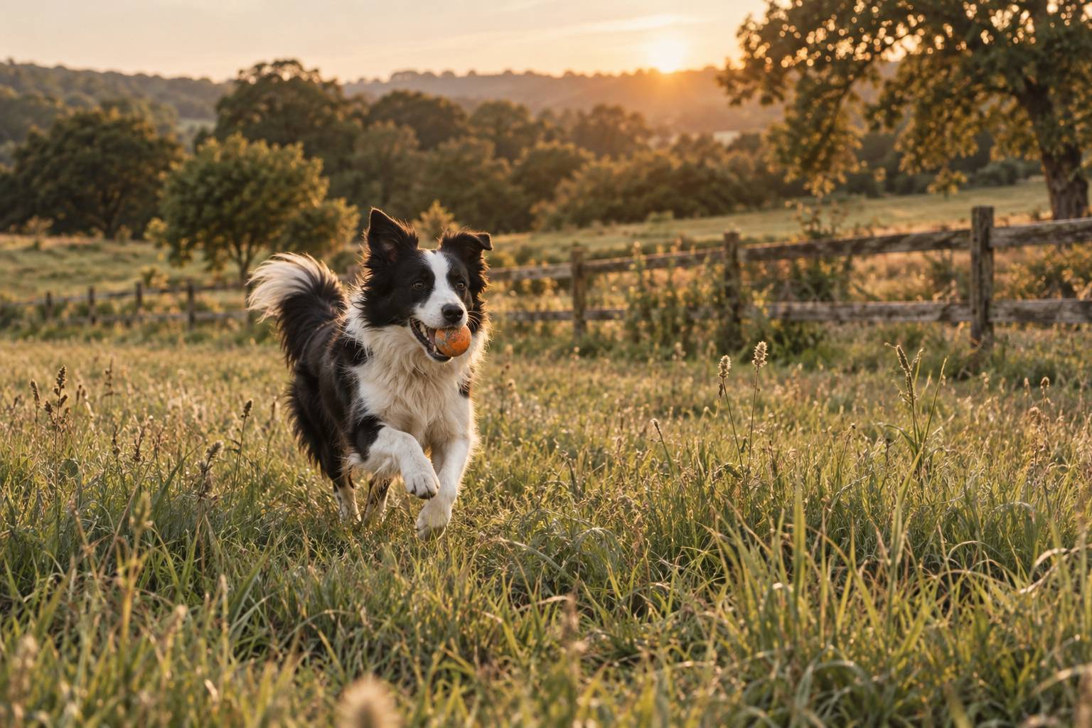 Border collie noir et blanc dans un pré avec une balle à la lumière dorée