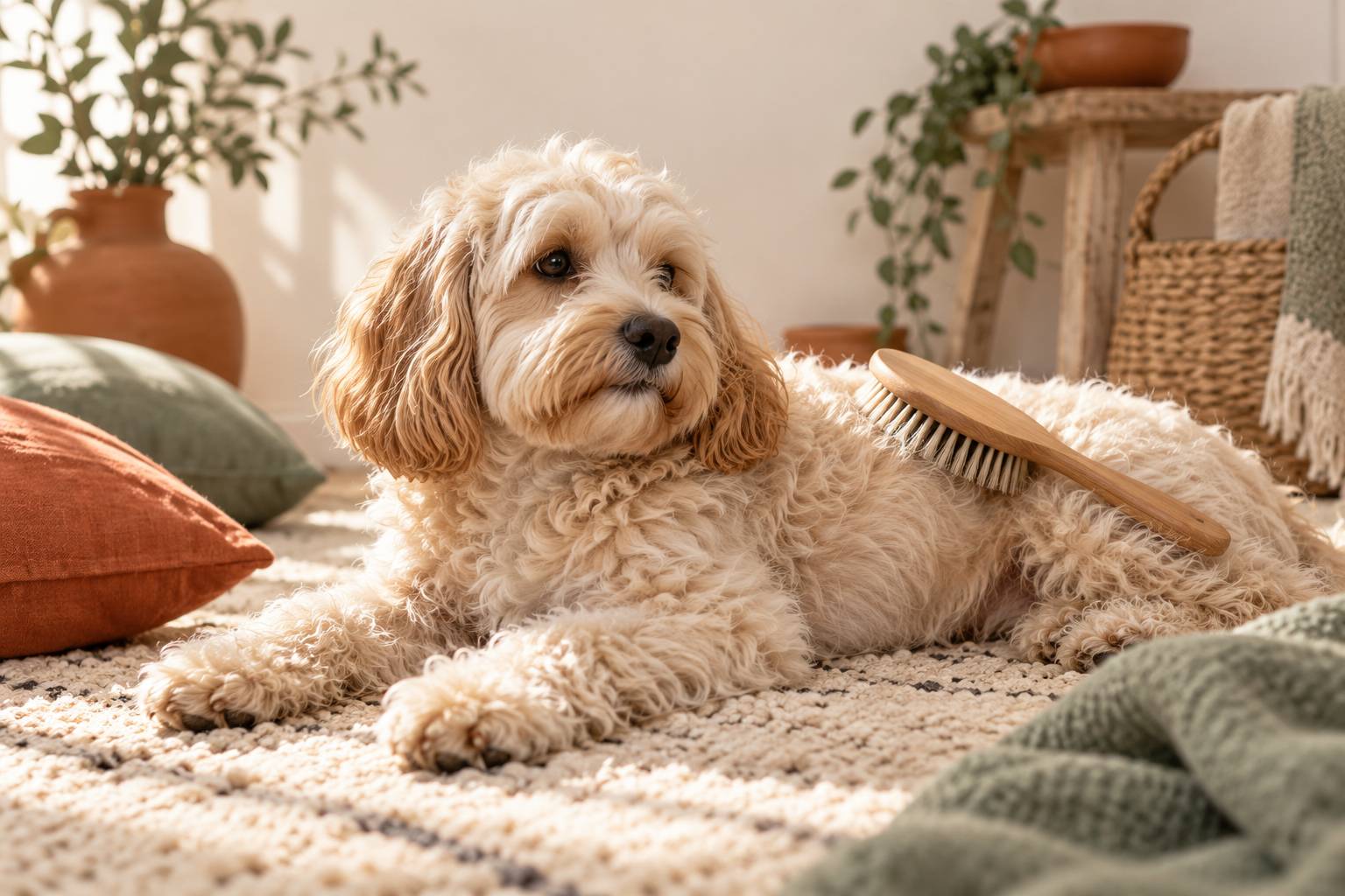 Chienne au poil creme boucle brossee sur un tapis clair