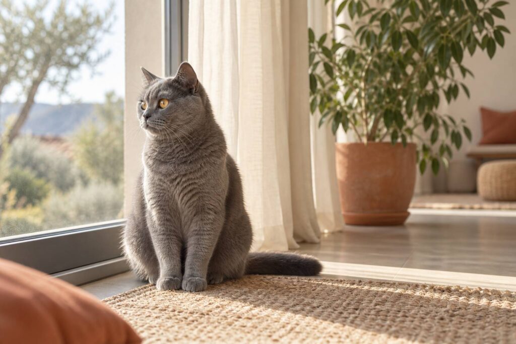 Chat gris bleuté au pelage dense assis près d'une fenêtre baignée de lumière douce