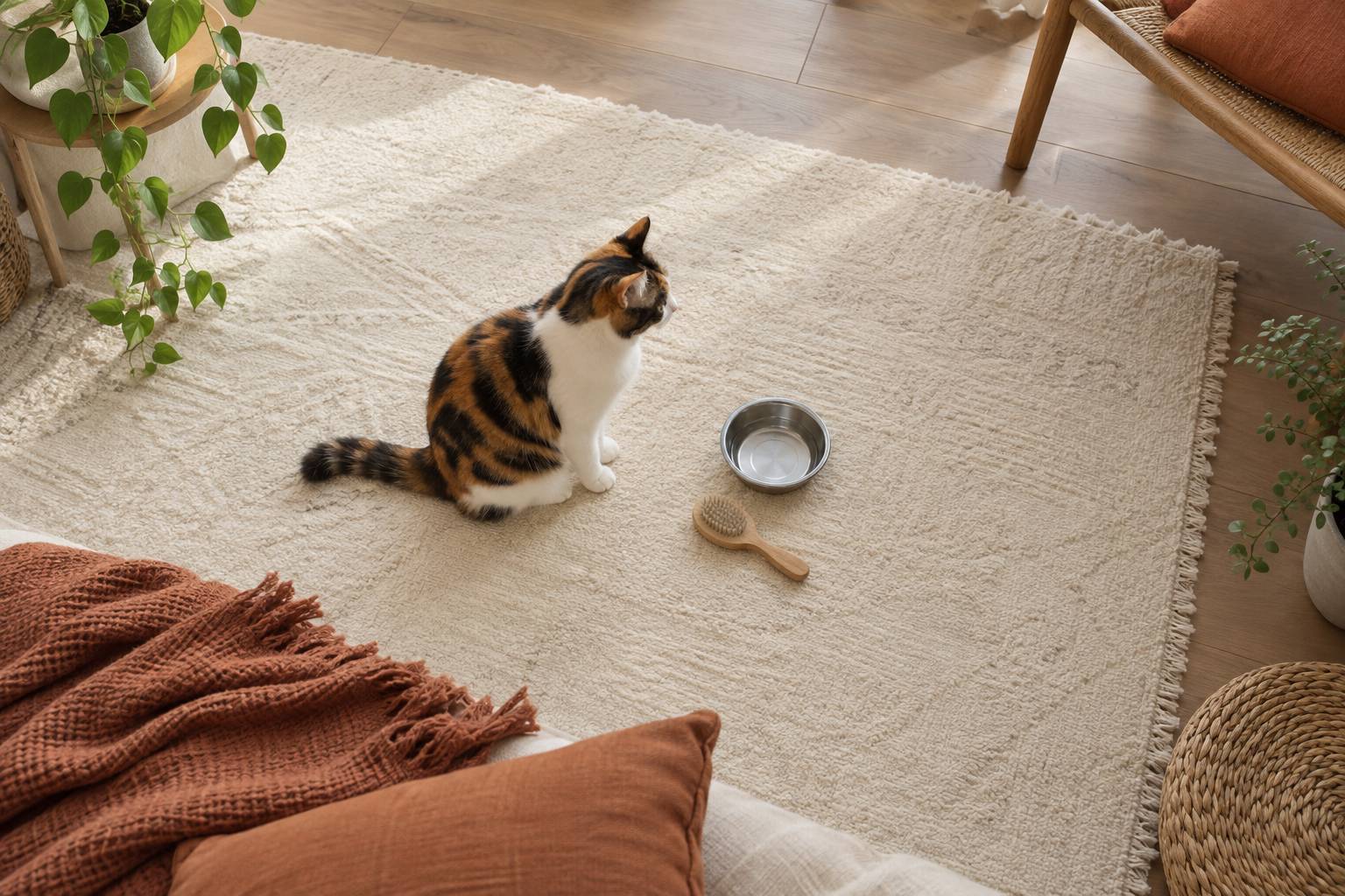 Chat tricolore assis de profil près d'une gamelle sur un tapis