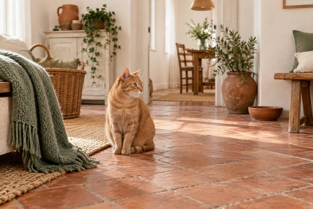 Chat terracotta assis dans un interieur de campagne clair avec panier en osier
