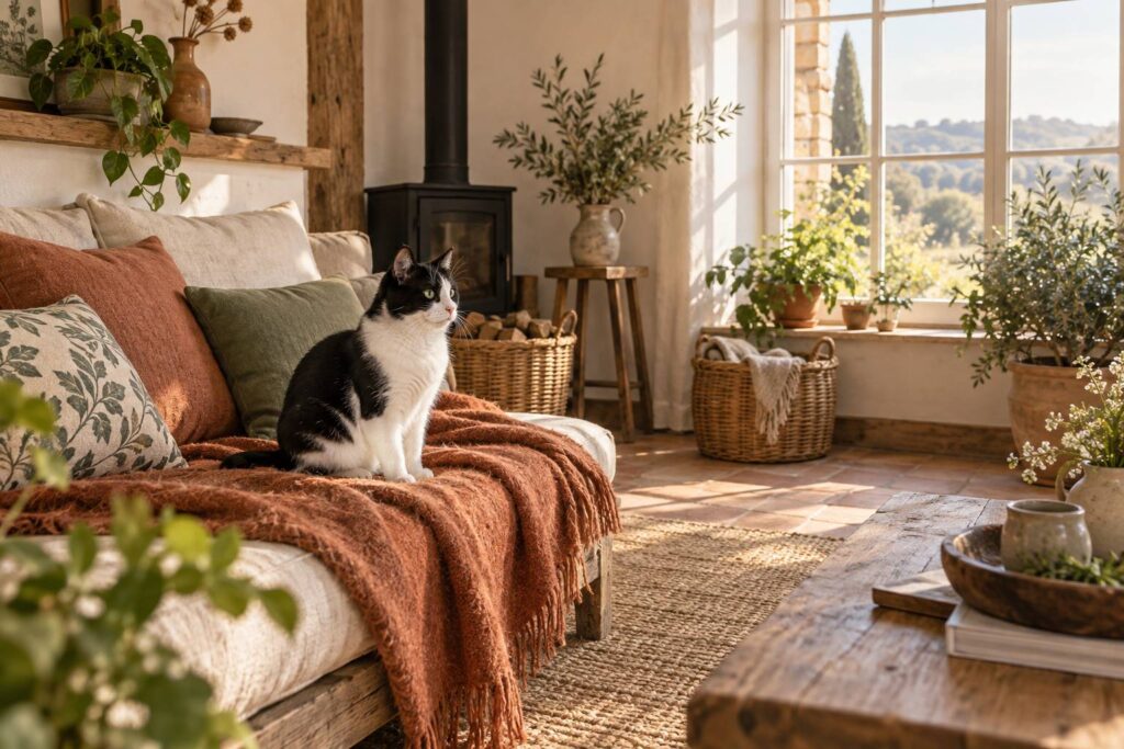 Chat bicolore noir et blanc assis sur un plaid en laine