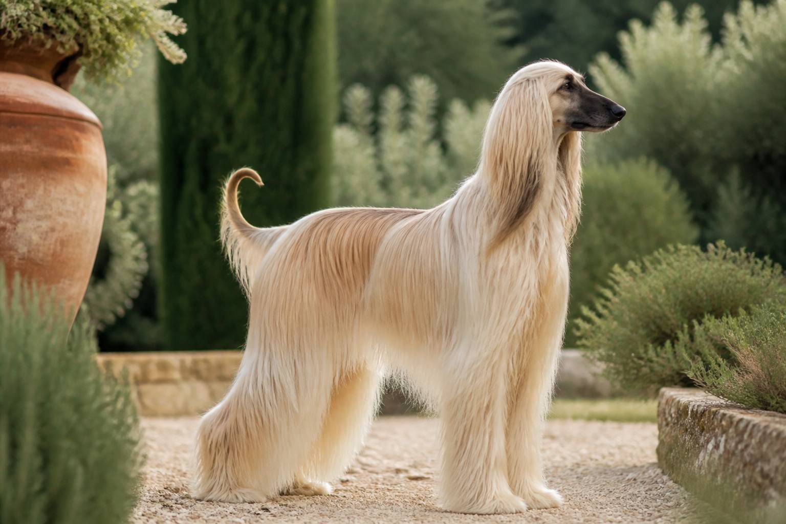 Chien au poil long soyeux et ondulé vu de profil dans un jardin