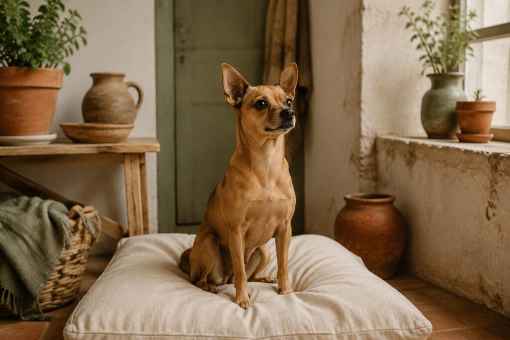 Petit chien type chihuahua au poil fauve assis sur un coussin en lin