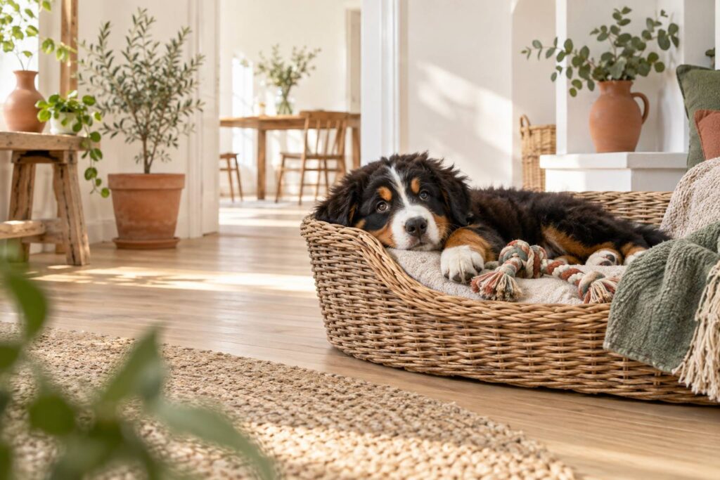 Chiot de grande race tricolore couché dans un panier en osier
