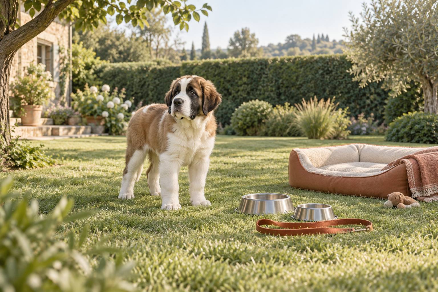 Chiot de grande race dans un jardin avec laisse et gamelles