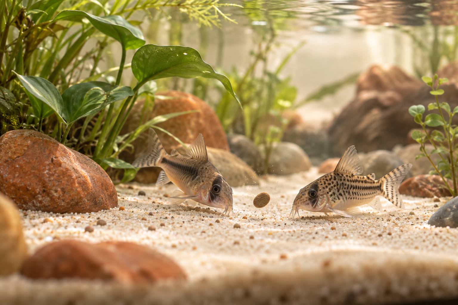 Deux corydoras fouillant le substrat de sable au fond de l'aquarium