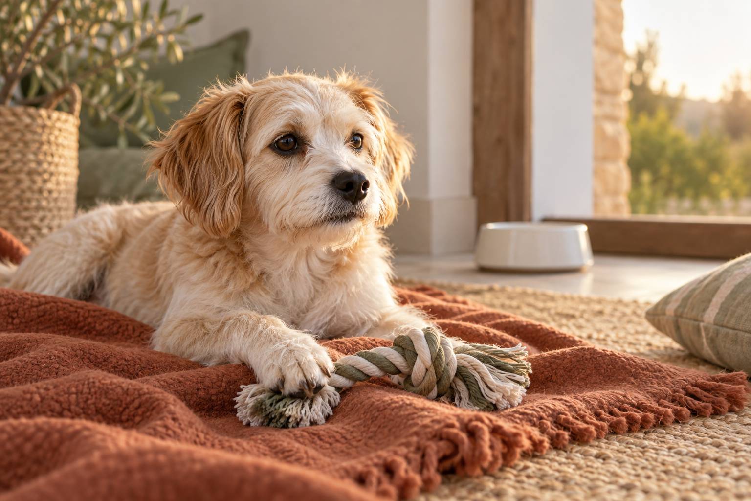 Détail d'un petit chien couché sur un plaid près d'un jouet et d'une gamelle