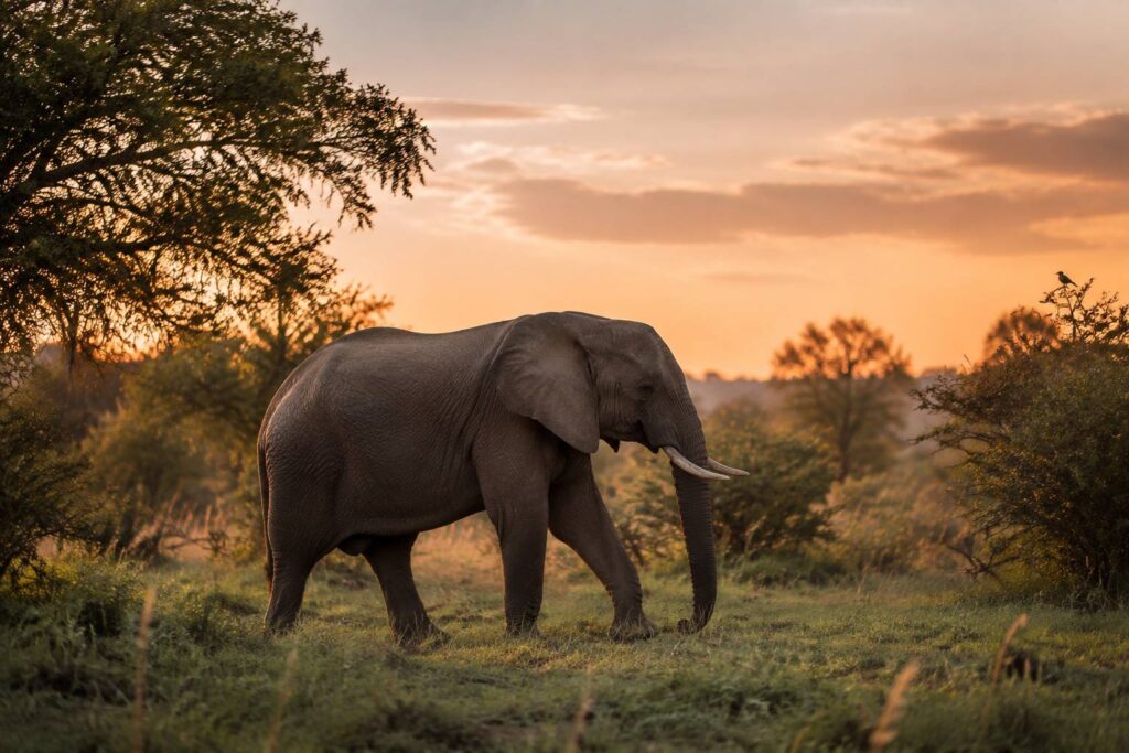 Éléphant marchant dans une clairière de savane, animal commençant par la lettre E