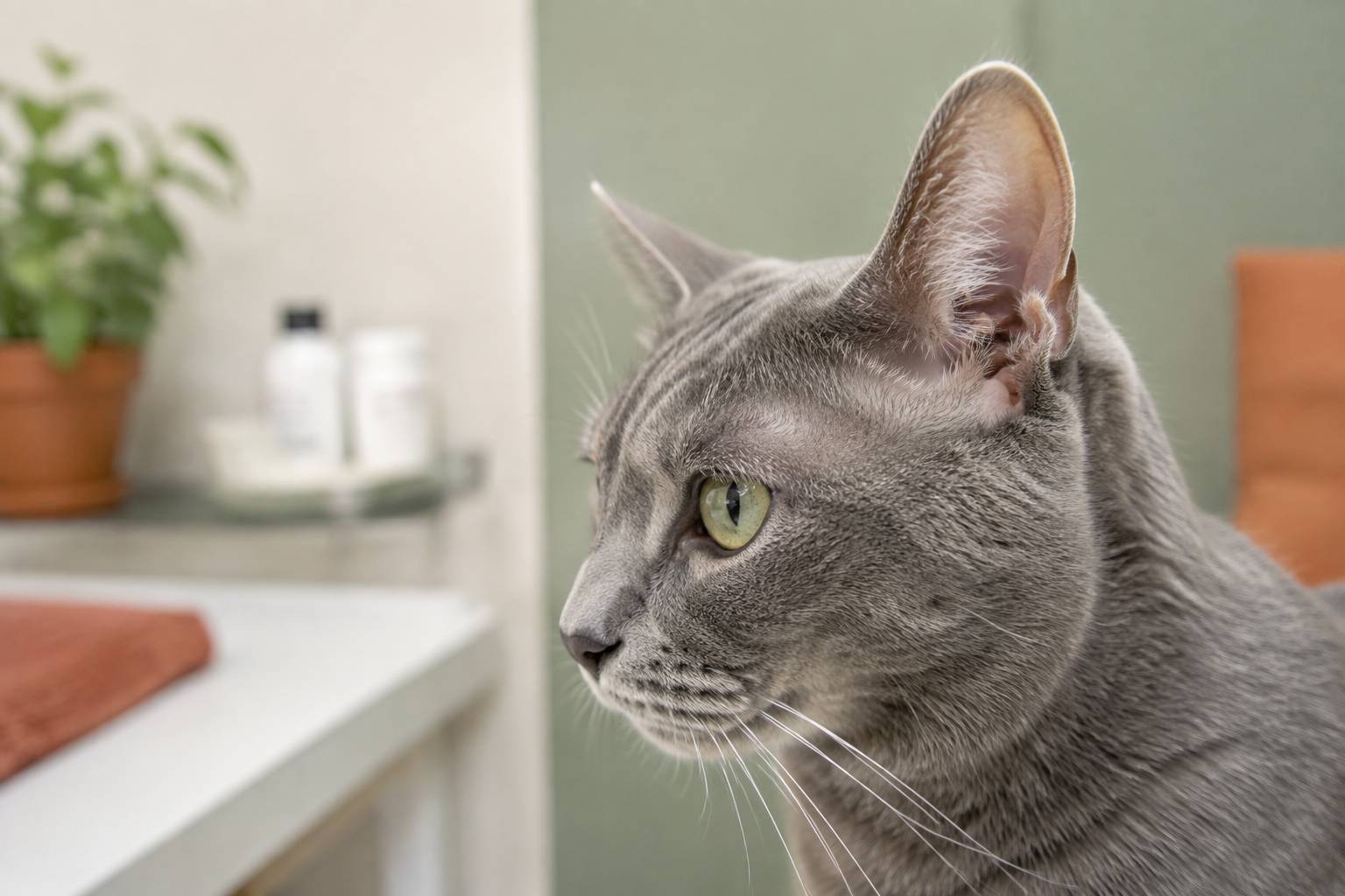 Tête de chat gris aux oreilles dressées pour illustrer la gale auriculaire