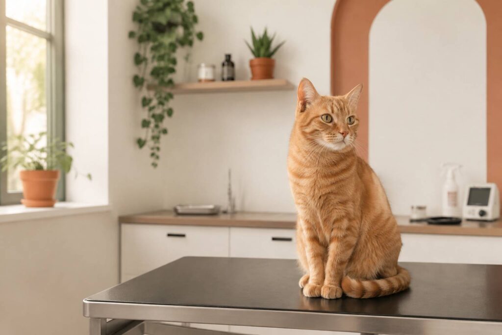 Chat roux sur la table d'examen d'un cabinet vétérinaire clair