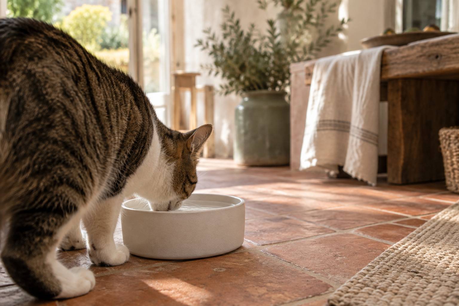 Gros plan sur une gamelle d'eau et un chat vu de dos en train de boire