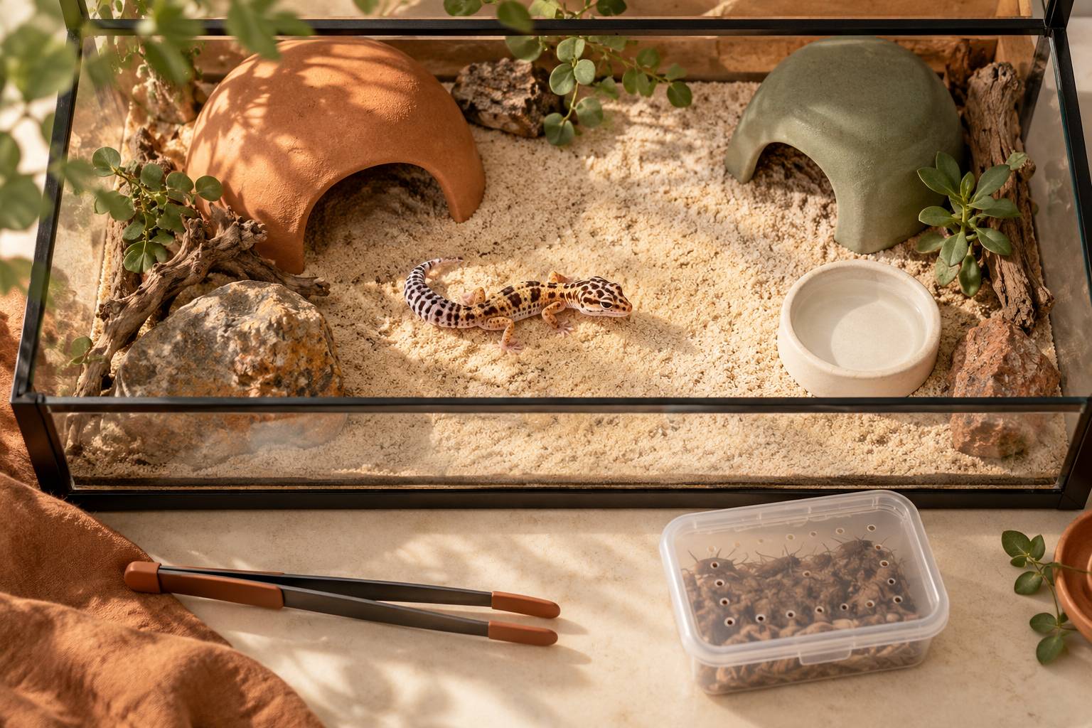 Terrarium amenage avec cachettes et coupelle d'eau pour un gecko leopard