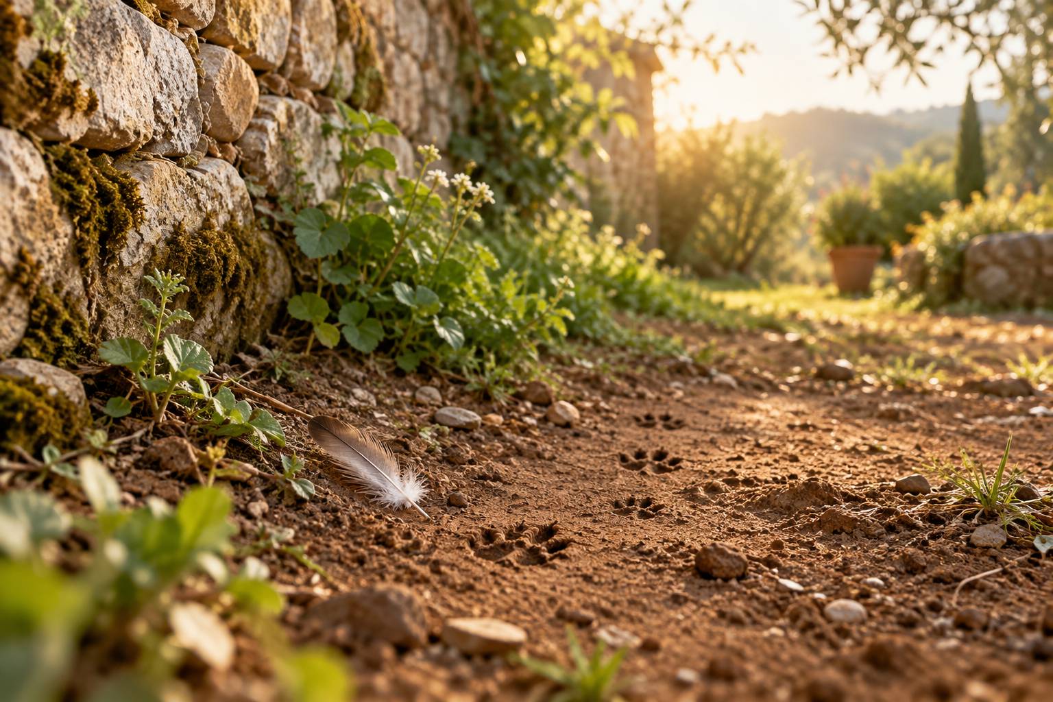 Gros plan sur des empreintes de pattes dans la terre d'un jardin près d'un mur
