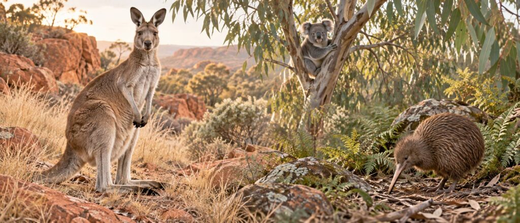 Vue large d'une scène animalière composée : kangourou dans un bush australien, koala dans un eucalyptus et kiw