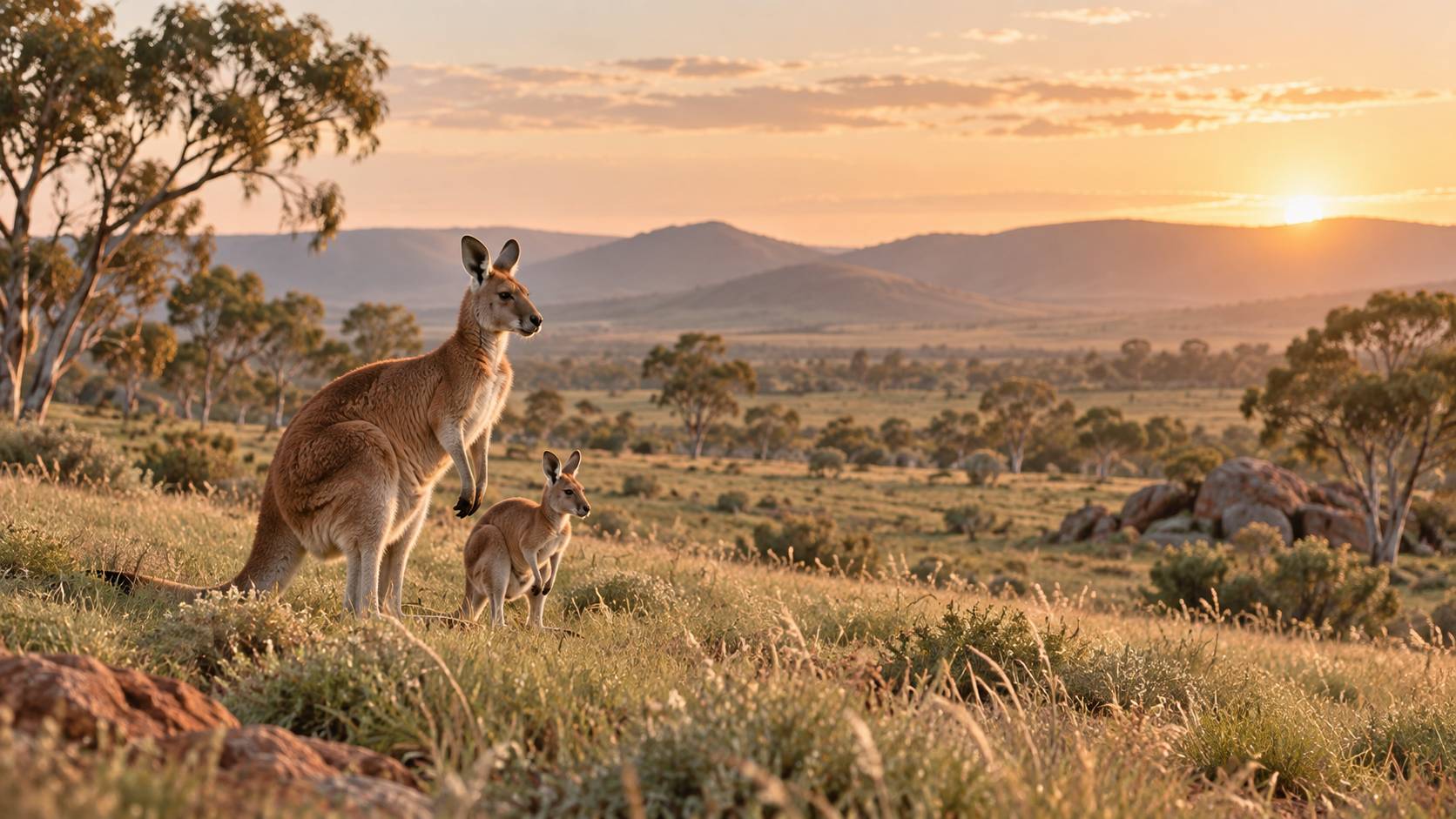 Vue large sur un kangourou roux et son petit dans une plaine herbeuse, animaux sauvages en liberté, lumière do