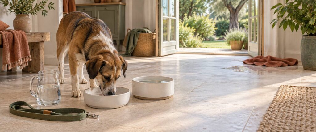 Illustration éditoriale du sujet : Mon chien boit beaucoup : les causes et le seuil d'alerte