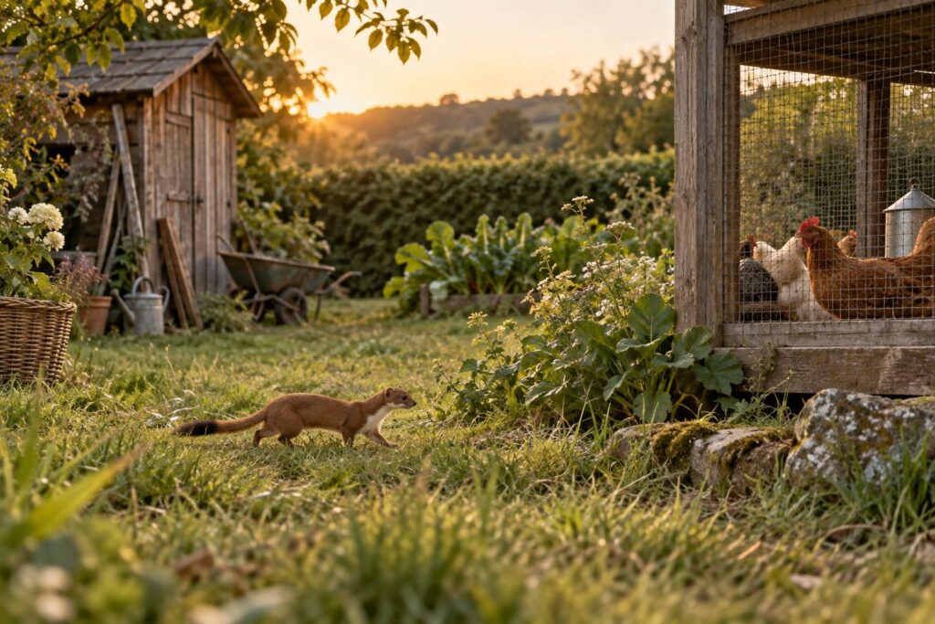 Petit mustélidé brun roux dans un jardin de campagne près d'un poulailler