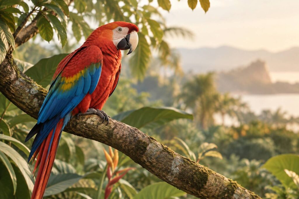 Grand perroquet coloré au plumage rouge et bleu perché sur une branche épaisse
