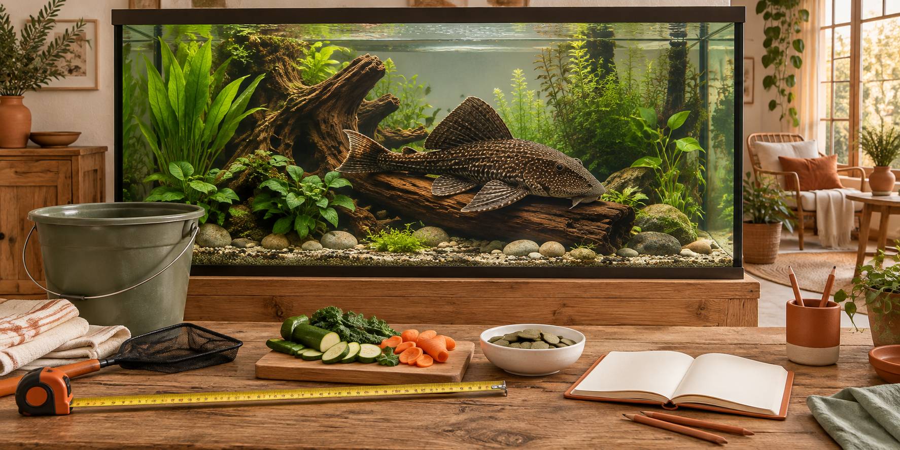 Illustration éditoriale du sujet : Pléco : taille adulte, aquarium et alimentation du poisson-chat