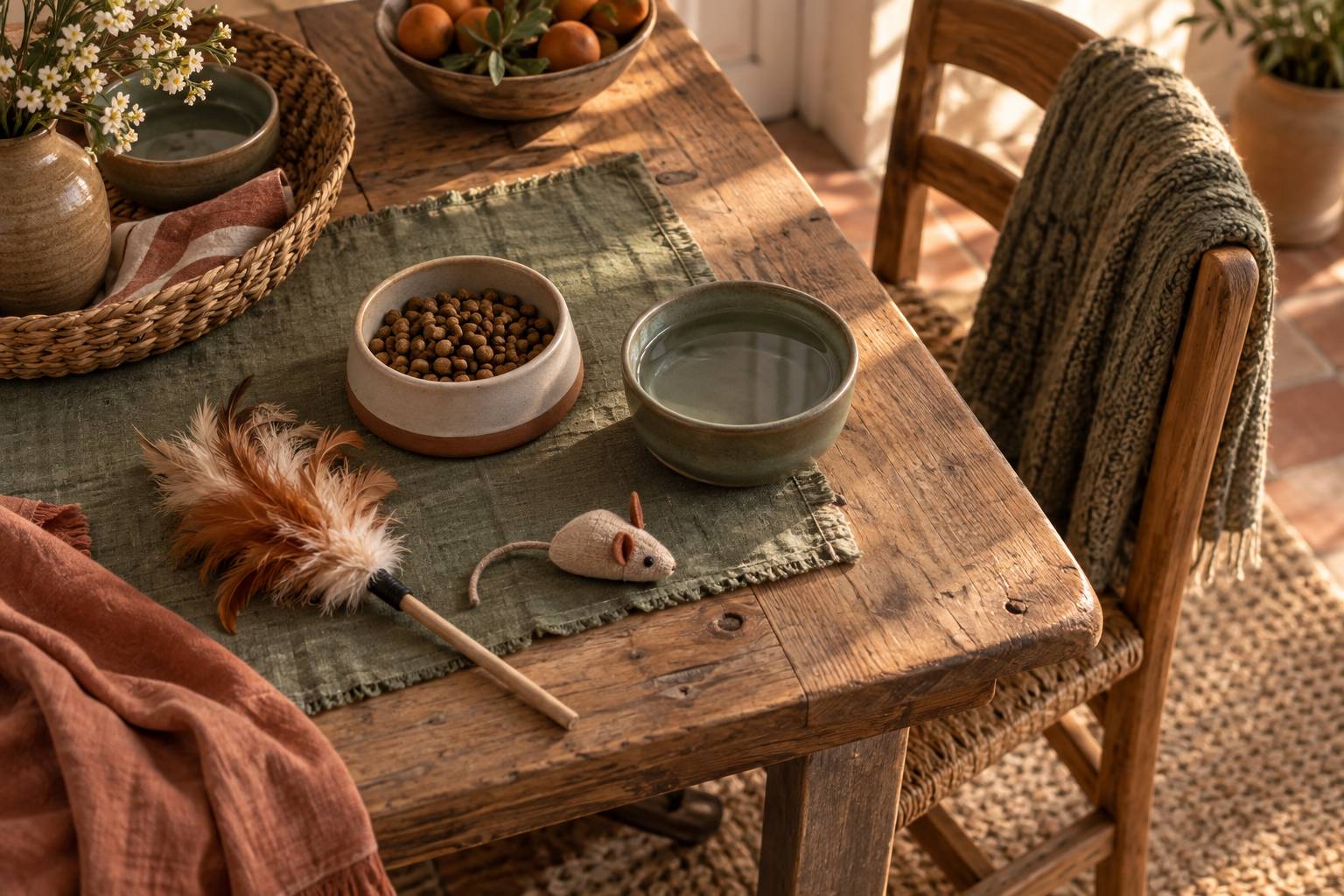 Gamelle, eau et jouets de chat sur une table de campagne