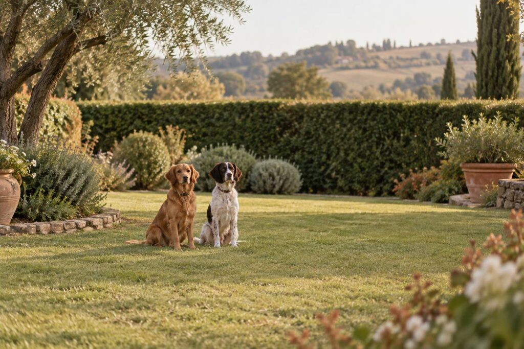 Deux chiens de gabarit moyen assis dans un jardin de campagne