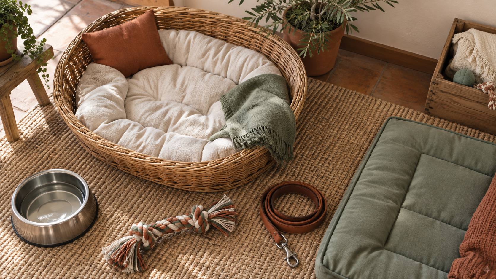 Panier en osier avec gamelle, jouet en corde et laisse