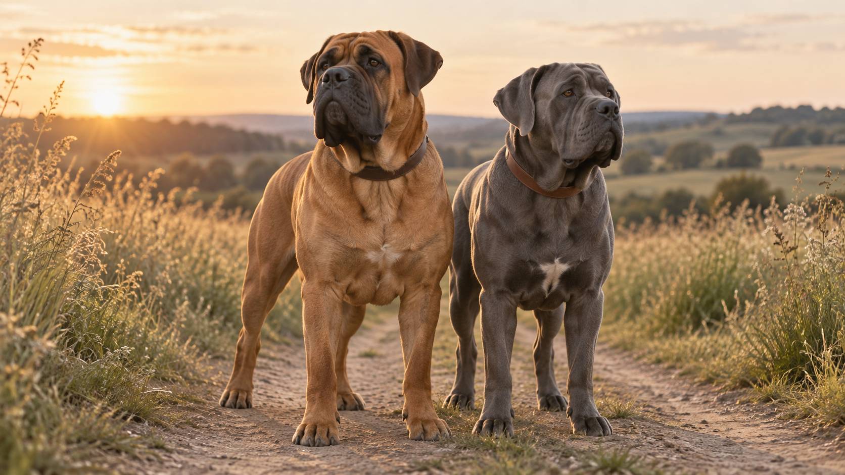 Deux chiens de type dogue debout côte à côte sur un chemin de campagne