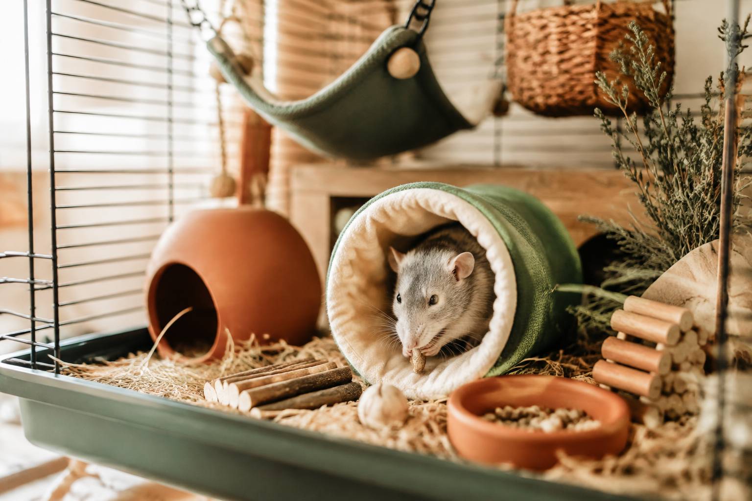 Rat domestique dans un tube en tissu avec jouets à ronger